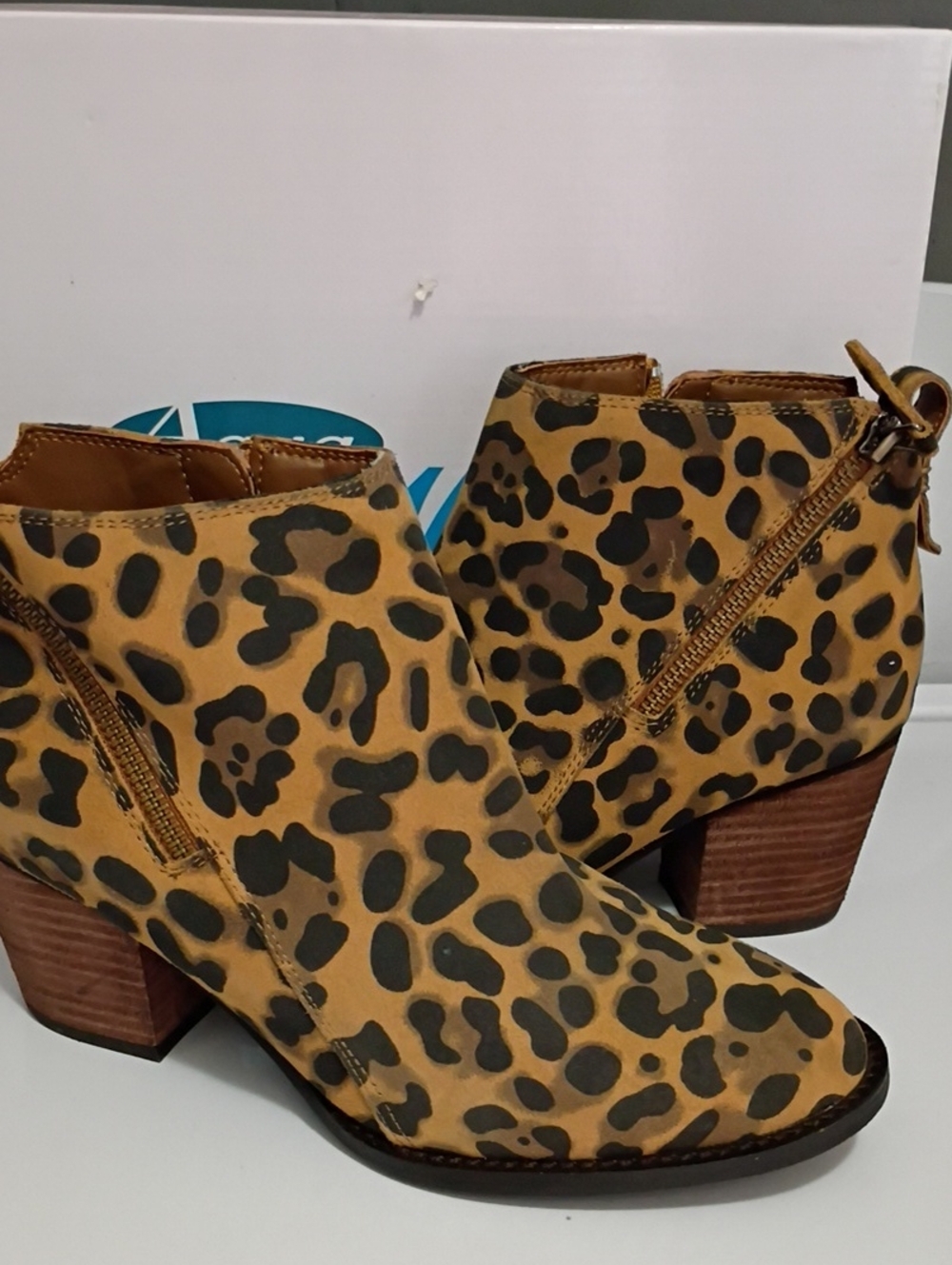 Aqua College Waterproof Leopard Print Ankle Booties in Tan/Black - Side Zip